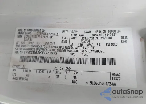 2019 Ford F-250 Xl z USA, uszkodzony, nr VIN 1FT7W2B62KEG77972